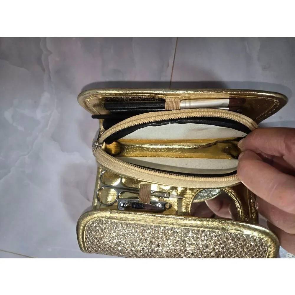 Womens Gold Sequined Travel Makeup And Grooming Accessories Case.